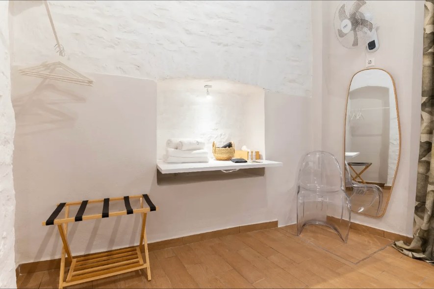 Dressing corner ghost chair mirror — Suite Amorosa at Syra di Giovanni 1862, Ermoupoli, Syros
